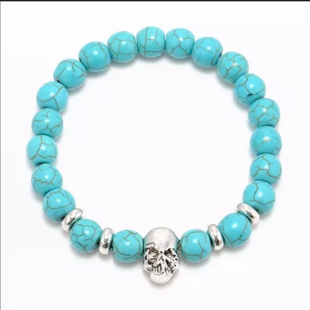 Turquoise Lava Stone Bracelet With Silver Skull